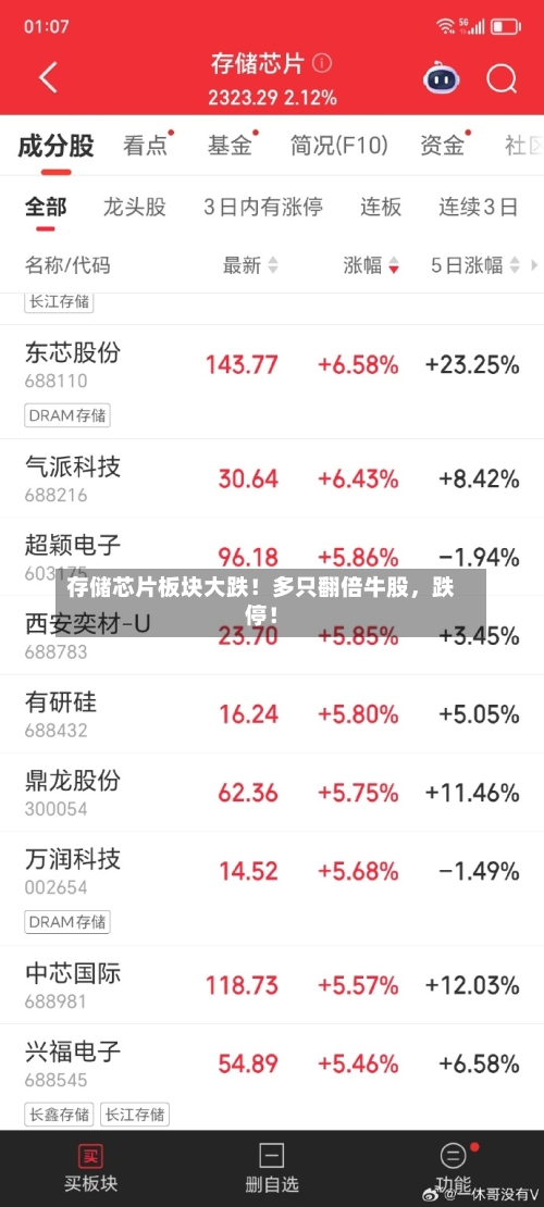 存储芯片板块大跌！多只翻倍牛股	，跌停！-第2张图片